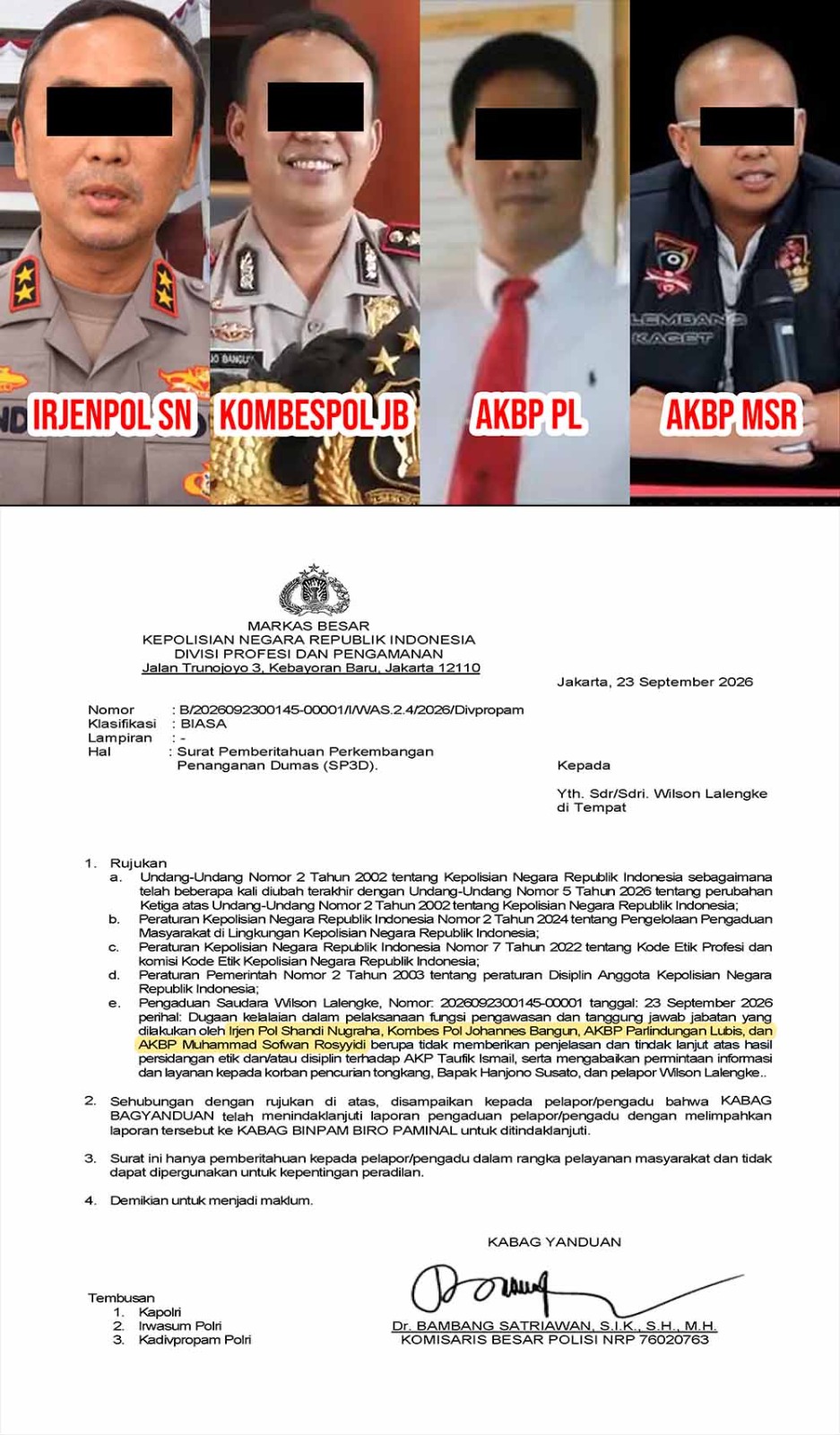 Ketum PPWI Resmi Laporkan Kapolda Sumsel Shandi Nugraha ke Divpropam Mabes Polri